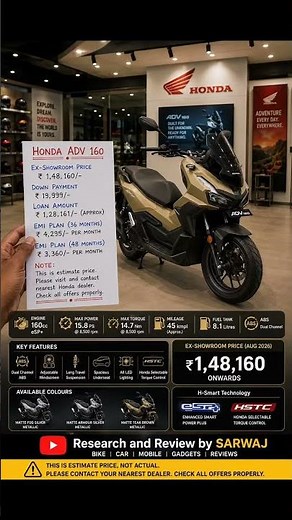 Honda ADV 160 🔥 Price, EMI & Mileage | 160cc Adventure Scooter | Honda ADV 160 2026 #Shorts