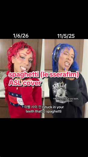 Both are in ASL! Always matching my nails to my hair ♥️💙 Nails by Veronique_Presson_Nails on IG #lesserafim #kpop #asl #signlanguage #deaf