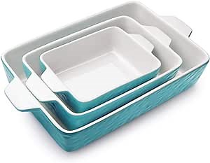Casserole Dishes for Oven, Ceramic Baking Dishes, Lasagna Pan with Handles, Porcelain Baking Pan Deep, Bakeware for Baking, Cooking, Wedding Gift, Set of 3 (11.6" x 7.8", Aquamarine)