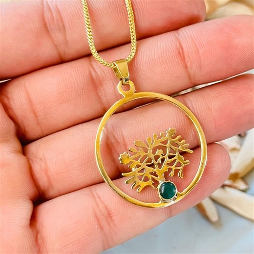 Gold Peridot Tree of Life Necklace | Tree Design With Green Stone in Circle Frame, Nature Boho Spiritual Jewelry Gift - Etsy