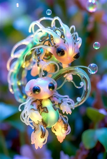 🌊 AquaGlow Two whimsical water creatures drift together in a soft, glowing calm. Gentle currents, luminous details, and playful forms blend into a dreamy moment that feels serene, curious, and quietly magical. #WhimsicalCreatures #SurrealWaters #CuteFantasy #DreamyAesthetic #GlowingElements
