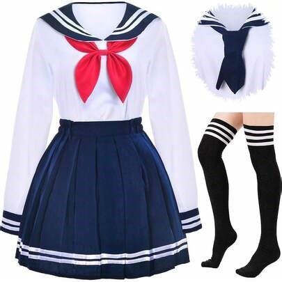 Women's Anime Japanese Sailor School Uniform Navy Blue Pleated Skirt Cosplay Outfit With Socks | SHEIN