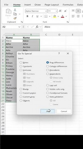 MS Excel short tutorial showing how to compare row data and see differences.