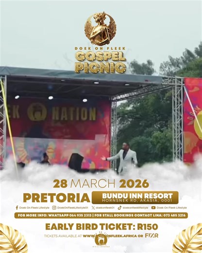 Gospel Lovers, This One's For You! We are kicking off the 2026 Doek on Fleek Gospel Picnic in Pretoria at the amazing Bundu Inn Resort! The Doek on Fleek Gospel Picnic is back and we're bringing worship, praise, joy, colour, and sisterhood like never before! Join us in Pretoria and be part of the moment as we worship and praise in true Doek on Fleek style.🙌🏽🔥👏 📆 28 March 2026 📍 Bundu Inn Resort Get your tickets to our next events from link below now and make sure you don't miss out!🎟️ Tic