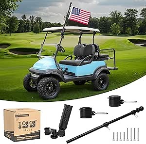 10L0L Golf Cart Flag Holder and Flagpole Bracket Mount Compatible with for Yamaha EZGO TXT RXV Club Car DS Precedent Icon EV Star Embroidered USA Flag (12"×18") Included