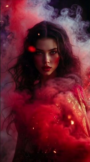 gorgeous fairy in red gold shimmering outfit, smoky crimson mist surrounding her 8