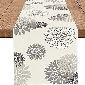 Gray Dahlia Table Runner Modern Elegant Flower Beige Table Runners Geometric Pompon Farmhouse Coffee Table Center Decor for Home Kitchen Dining Party Indoor Outdoor (13x90 Inch)