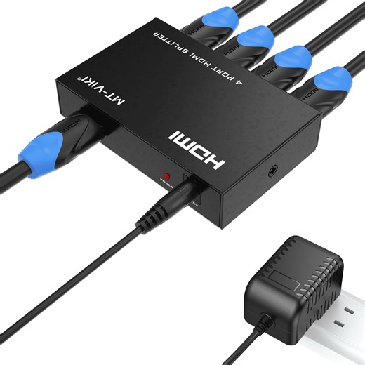 4K HDMI Splitter 1 in 4 Out MT-VIKI Powered HDMI Splitter for Dual Monitors w/Power Adapter