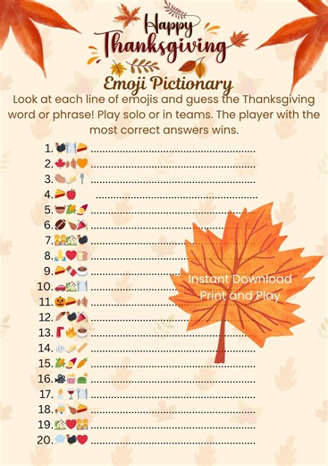 Thanksgiving Emoji Game Printable | Fun Family Party Game | Fall Activity | Instant Download - Etsy