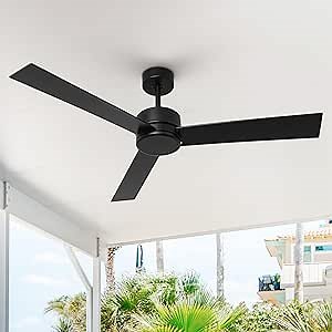 Ceiling Fans Without Lights 52 Inch Black Ceiling Fan No Light with Remote Control, Flush Mount Outdoor Ceiling Fans for Patios Bedrooms, DC Motor Reversible 3 Blades, Timer, Ventilador de Techo