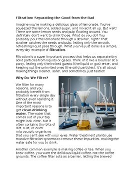 Filtration - Middle School Science Reading Worksheet - 100% Editable