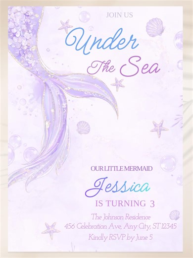 Tropical Lavender Mermaid Birthday Invitation 3rd Girl Editable Canva Template Mermaid Party Invite Instant Download Printable - Etsy