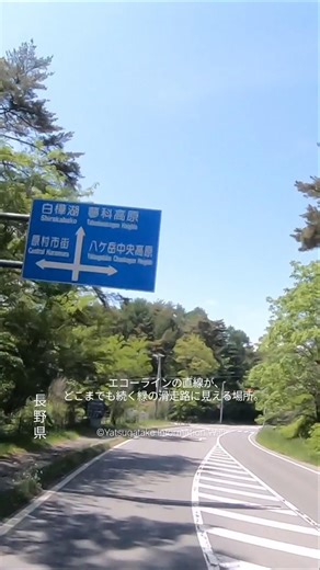 エコーラインの直線が、どこまでも続く緑の滑走路に見える場所。 長野県 原村「5月の八ヶ岳。」