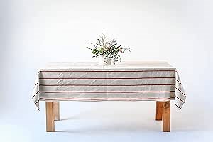 60x90 in Cotton Tablecloth – Large Rectangular Dining Table Cover for Kitchen, Weddings, Parties, Indoor or Outdoor Picnic and Everyday Décor – Red Stripe/Natural