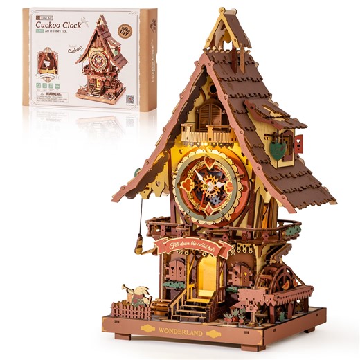 ROBOTIME Cuckoo Clock Wooden 3D Puzzle, DIY Mechanical Bird House Model Craft Kit with Music, Creative Toys Building Set for Home Decor, Gifts for Teens Adults(Colorful)