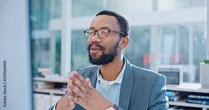 Video call, computer and black man in online meeting for presentation, planning or consulting in office. Business, webinar and male speaker in virtual conference for project management, plan or idea