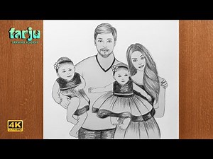 How to draw happy Family Sketch | Happy family sketch with cute daughters | Farju Drawing Academy