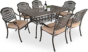 TITIMO 7-Piece Outdoor Furniture Dining Set, All-Weather Cast Aluminum Conversation Set Includes 1 Rectangular Table and 6 Chairs with Khaki Cushions and Umbrella Hole for Patio Garden Deck