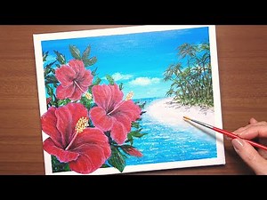 How to draw [Hibiscus] with acrylic paint / Tropical island and sea / for beginners / Step by step