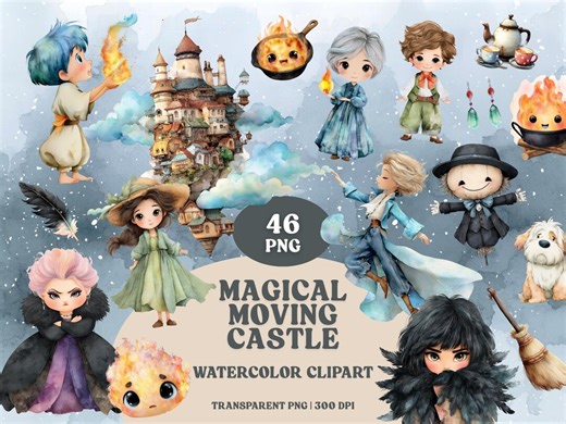 Magical Moving Castle Watercolor Clipart | Enchanted Castle, Howl, Wizard, Fire Spirit, Scarecrow, Witch, Fantasy - Etsy