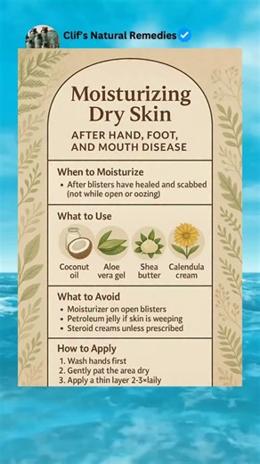 After Hand, Foot, and Mouth Disease, it’s normal for skin to dry or peel once blisters heal. Keep the area soft and comfortable with gentle, natural moisturizers like coconut oil, aloe vera, shea butter, or calendula cream. Avoid scented or alcohol-based lotions, and use a thin layer a few times daily to prevent cracking. Natural care helps the skin heal faster and feel better. Message us for more details or visit our link. #NaturalRemedies #NaturalRemedy #kidshealth #skinhealing #holistichealth