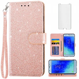 Compatible with Samsung Galaxy J7 Star J 7 Crown 7J Refine 2018 J7V V 2nd Gen Wallet Phone Case and Tempered Glass Screen Protector Flip Credit Card Holder Stand Bling Glitter Cell Cover for Pink