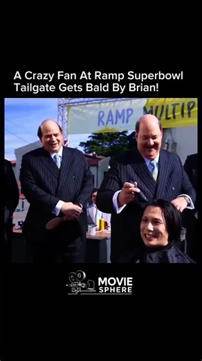 MOVIE SPHERE on Instagram: "The 15 sec clip shows a chaotic and hilarious Super Bowl tailgate stream moment hosted by RAMP, where an overly enthusiastic fan is getting his head shaved by Brian from The Office. The guy is hyped beyond control, yelling about how excited he is for the Super Bowl while laughing through the whole thing. The mix of celebrity cameo, random bald transformation, and pure fan energy makes the clip feel unserious, loud, and perfectly on-brand for Super Bowl chaos. About th