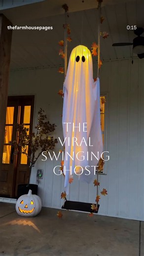 "The viral swinging ghost! 👻 comment Casper and I'll send you link! It was super easy to put together and makes for the cutest Halloween decor! It comes with a remote that allows you to set a timer on the lights and has 8 different light modes! My kids think he is cute