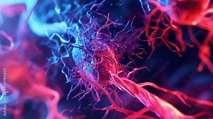 A detailed close-up of neurons and synapses within the human brain, depicted in vibrant red and blue colors. This intricate image highlights the complexity of neural connections and brain activity.