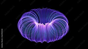 3D abstract animation: model of nuclear fusion. Nuclear power generation, electric or magnetic field lines, big data concept. High energy elementary particles flow. Looped 4K, video black background