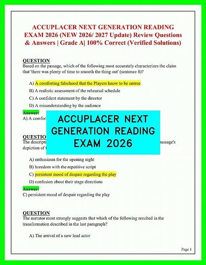 ACCUPLACER NEXT GENERATION READING EXAM 2026 Complete Practice Questions & Answers Latest Update!