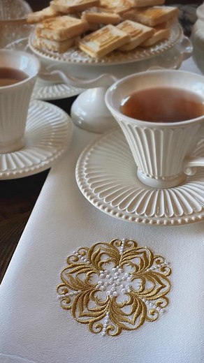 Sonia Showalter on Instagram: "Renaissance Pearl Medallion…looks good enough for royalty with these gorgeous cups and saucers from @lenox Our embroidery designs are available at: soniashowalterdesigns.com"