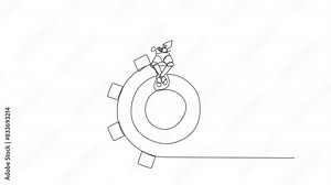 Animation of continuous line drawing robot artificial intelligence sitting on big gear. Read several commands to change robot intelligence level settings. Book festival. Full length motion