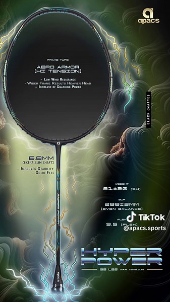 Crush every shot with Hyper Power. This racket features an Aero Armor Hi Tension Frame for low wind resistance and a wider frame that results in a heavier head for increased smashing power. The 6.8mm extra slim shaft enhances stability and provides a solid feel for every hit. Stylish, powerful, and ready to elevate your game! Apacs Official Website: https://apacssports.com/product/hyper-power/ #HyperPower #Apacs #apacs #apacsbadminton #apacsbadmintonracket #badminton #badmintonracket #racket #fy