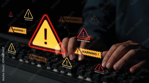 Hands typing on a keyboard with holographic warning alerts and security symbols indicating cyber threats and system vulnerabilities in digital environment Gluon.