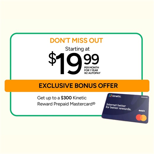 Get ultra-fast Kinetic Fiber Internet, installed by our friendly local techs. Right now our lowest price ever comes with a special bonus. | Kinetic Internet