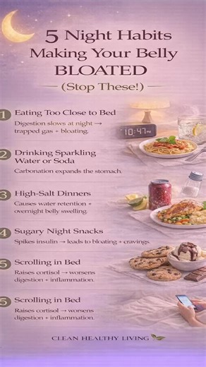 Fix these 5 habits and your belly will look different in 48 hours.” Most people blame breakfast for their bloating… but the REAL cause often happens the night before. Your digestion slows at night, your hormones shift, and small habits can lead to: • next-day bloating • water retention • constipation • inflammation • low morning energy These 5 nighttime habits are the biggest culprits — and the easiest to fix. Try removing one tonight and watch how your belly feels tomorrow morning. ✨ 💬 Comment