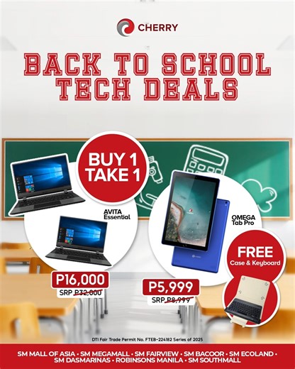 267 reactions · 16 shares | CHERRY Back-to-School Tech Deals alert! Enjoy Buy 1 Take 1 on laptops and exclusive freebies and discounts on tablets! Promo runs from May 15 to June 15, 2025 only. Available in select CHERRY kiosks and concept stores: •SM Mall of Asia •SM Megamall •SM Fairview •SM Bacoor •SM Ecoland •SM Dasmariñas •Robinsons Manila •SM Southmall #SmartLivingwithCHERRY #AtHomeKaSaCHERRY | Cherry Philippines | Facebook
