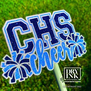 Custom Cheer Stickers, School Initials and Cheer With Pom Poms, Glitter Cheer Bucket Stickers, Glitter Cheer Sticker - Etsy