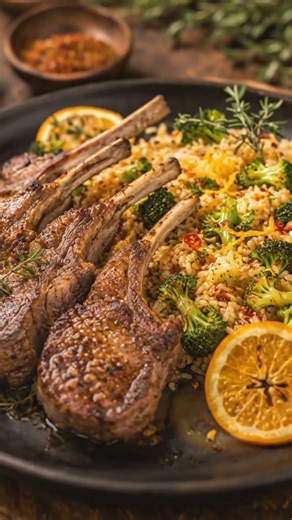 Roasted Lamb Chops Spicy Orange Broccoli Rice #lamb #roastedlamb