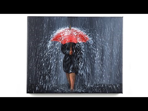 Girl Walking in the Rain / Rainy Day Acrylic Painting / painting for beginners