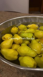 Wash 20 lbs of pears, peel, core and cut to desired shape. Place in a bowl of water and 1/4 cup lemon juice to prevent browning. In a stock pot mix 6 cups sugar with 10 cups of water, heat through until hot but not boiling. Place pears in sterilized, hot jars. Fill with the syrup to 1/2 inch headspace. Remove bubbles, wipe the rims clean, and lid and ring to fingertip tightness. Place in water bath canner, covering with 1 inch of water. Bring to a boil and process pints for 20 minutes, quarts 25