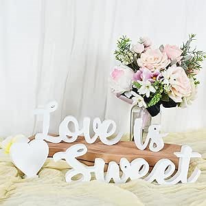 TONIFUL Love Is Sweet Sign for Dessert Table,Love Is Sweet Table Decor Wood Sign Letter table Top for Wedding Decor,Anniversary,Valentine,Engagement,Photo Prop (White)