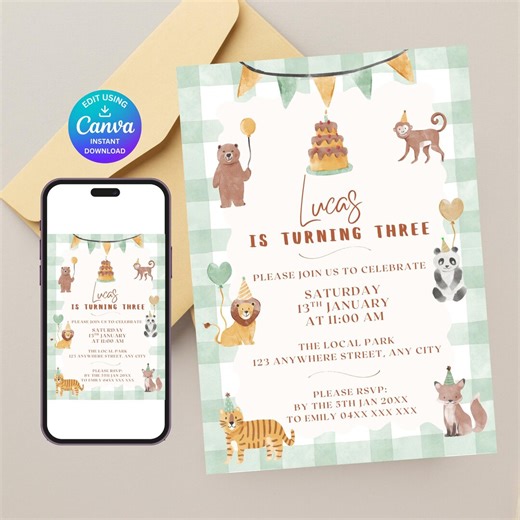 3rd Birthday Safari Invitation, Bday Jungle Green Gingham Party Invite, Watercolour Animals, Editable Kids Template, Bear Lion Monkey - S473 - Etsy