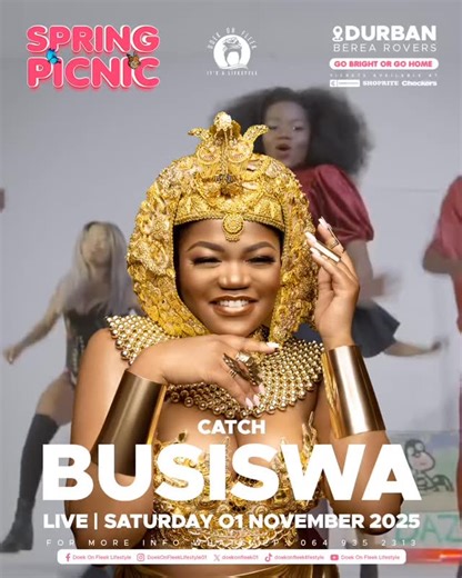 With just 1 more day to go, Her Majesty has entered the chat! The Queen herself, Busiswa, is bringing that fierce, aura & that unmatched energy and vibes to the Durban Spring Picnic! 🌸🔥 💃🏾 👗 Theme: Go Bright or Go Home 💜🩷💚💛💜🤍💙🧡🤍💚 🌷 Durban - 01 November 2025 https://shorturl.at/eeUXM Thola amatikiti wakho ngokshesha ukuze ungaphuthewla! 🎫 🌷 Durban - 01 November 2025 https://shorturl.at/eeUXM 🎟️Tickets are also available at Shoprite, Checkers, USAVE, Computicket, Fixr and our ne