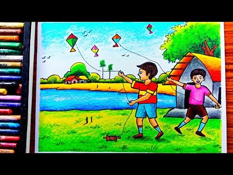 Makar Sakranti special drawing with oil pastel, How to draw kite flying scenary, kite festival