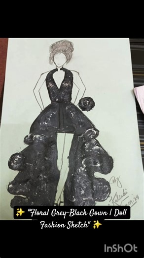 Floral Style Grey-Black Doll Gown | Elegant Fashion Illustration Without Glitter.