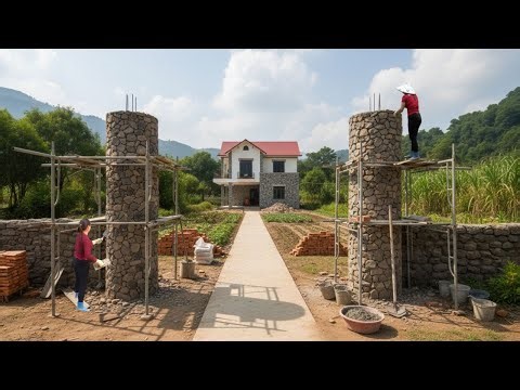 Building a Grand Farm Gate After Many Years of Living in the Forest – Constructing Two Stone Pillars