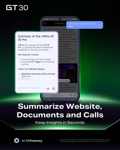 30 reactions | Level up your game with the Infinix GT 30  Powered by AI efficiency to summarize websites, docs, and calls in seconds. Smarter, faster, sharper. Shop yours now at Online Official Store & Brand Store Nationwide! SHOPEE: https://t.ly/xu6od TIKTOK: https://t.ly/Zrldp LAZADA: https://t.ly/I8Apz #Infinix #InfinixMalaysia #InfinixGT30 #OutplayTheRest | Infinix Mobile | Facebook