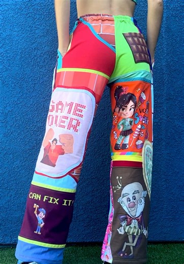 Commissioned epic Wreck it Ralph groovers??? Uh yes. CHOC…POCK? Also yes #custompants #sewingtok #sewing #patchpants #wreckitralph